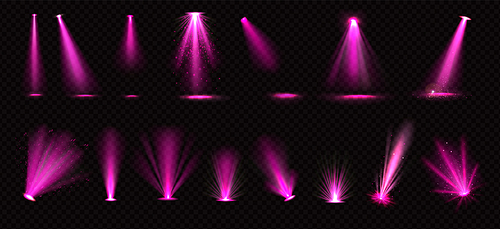 Pink light beams from spotlights and floor projectors isolated on transparent background. Vector realistic set of bright rays with glitter for illumination show, concert, theater stage or podium