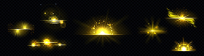 Gold light, sun radiant, golden line, sunburst isolated on black background. Dusk or dawn bursting rays, firework glow, blast or magic beams, yellow spark. Realistic 3d vector illustration, icons set