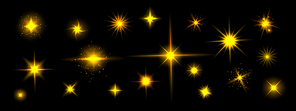 Golden star shine effects, flash lights with sparkles and glow rays isolated on black background. Vector realistic set of bright yellow glare, gold flare with shiny beams