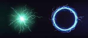 electric ball, round lightning , blue thunderbolt circle border, magic portal, energy strike. green plasma sphere, powerful electrical isolated discharge dazzle, realistic 3d vector illustration