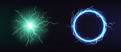 electric ball, round lightning , blue thunderbolt circle border, magic portal, energy strike. green plasma sphere, powerful electrical isolated discharge dazzle, realistic 3d vector illustration