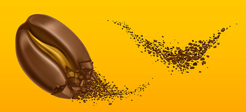 Explosion of coffee bean and ground arabica grains. Vector realistic illustration of shredded roasted coffee, burst of arabica bean and splash of brown powder on yellow background