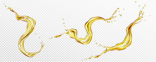 Oil, orange or lemon juice splashes, liquid yellow drink streams with drops. Fruit beverage elements for advertising or package design. Fresh splashing and flowing jets, drips realistic 3d vector set