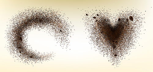 Explosion of coffee bean and powder in shape of heart and circle. Vector realistic illustration of shredded roasted ground coffee and arabica grain pieces with splash of brown dust