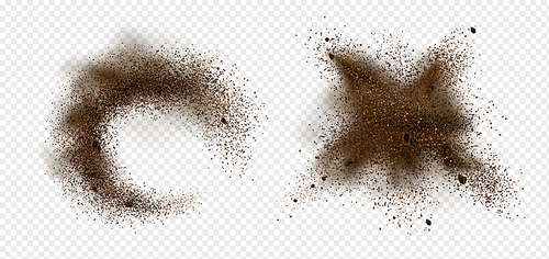 Explosion of coffee beans and powder. Vector realistic illustration of shredded roasted ground coffee and arabica grain pieces with splash of brown dust isolated on transparent background