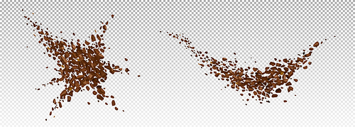 Coffee explosion, realistic ground bean powder burst with brown particles splash, flying granules, design elements for beverage or cafe isolated on transparent background, 3d vector illustration