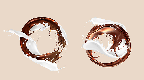 coffee and milk splashes, chocolate and dairy mix, round whirl streams. white brown liquids swirls with splashing droplets, s, dynamic element, promo ad design, realistic 3d vector isolated icons