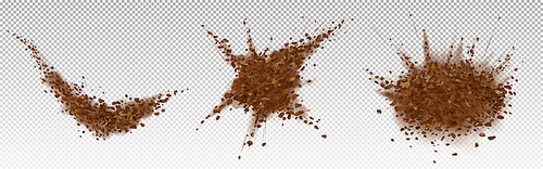 Coffee beans explosion, ground arabica powder with particles. Vector realistic illustration of shredded roasted coffee splash with grain pieces and brown dust isolated on transparent background