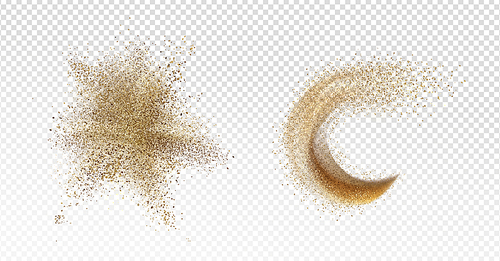 Sand explosion, sandy splash, scatter grains stain or stroke and wave isolated on transparent background. Design elements, textured smears of beige or yellow colors, Realistic 3d vector illustration