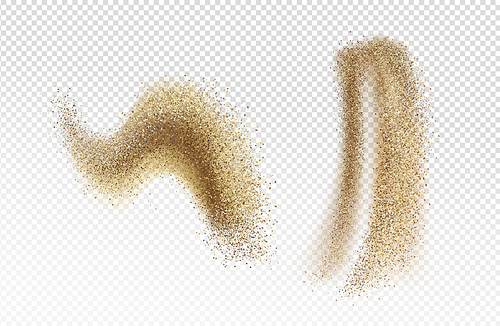 Sand fall, pour or explosion, sandy grains stains or strokes and wave isolated on transparent background. Design elements, textured smears of beige or yellow colors, Realistic 3d vector illustration