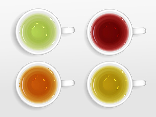 tea cups top view set. black, green, red and yellow herbal hot drinks isolated on white , round teacups with different colored beverages mockup, realistic 3d vector illustration, clip art