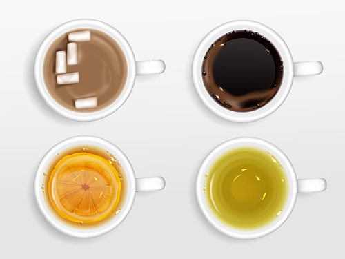 cups of coffee, tea and cocoa top view. vector realistic set of hot drinks in mugs, espresso, green tea and black with lemon, chocolate with milk and marshmallow isolated on white