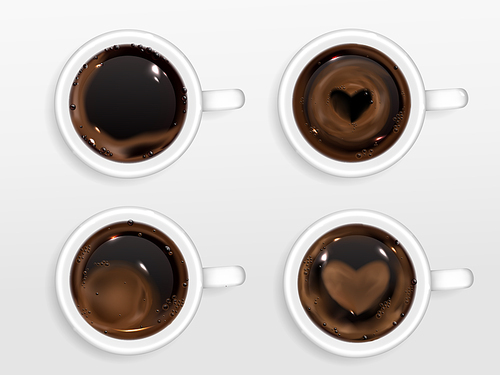 Cups of coffee with heart shape from cream foam. Vector realistic set of hot espresso, cappuccino in mugs with latte art isolated on white  in top view