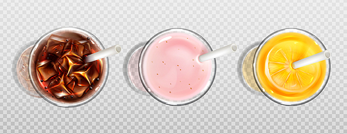 Glass of orange juice, cola and milkshake with straws top view. Vector realistic set of cold drinks in glass cups, strawberry cocktail, soda with ice and fruit juice isolated on transparent background
