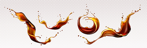 Splashes of cola, coffee, rum or whiskey drinks, liquid brown waves and curls with drops. Beverage splashing and flowing advertising or package design elements, realistic 3d vector illustration, set