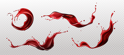 Splashes of wine, juice or blood, liquid red drink waves and curls with droplets. Abstract beverage splashing and flowing design elements isolated on transparent background, Realistic 3d vector set