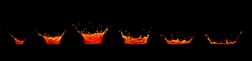 Lava or juice splash sequence animation sprite sheet for motion graphic or mobile game. Dripping effect with drops in shape of crown with liquid red aqua dynamic splashing, Realistic 3d vector set