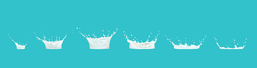 Milk splash sequence animation sprite sheet. Dripping effect with white drops in shape of crown with liquid dynamic splashing for motion graphic or mobile game, Realistic 3d vector Illustration, set
