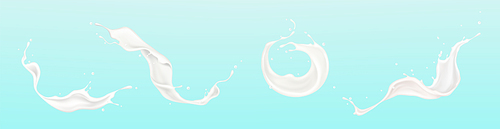 Splashes of vanilla milk or white paint. Vector realistic set of flying liquid cream, yogurt, dairy drink waves and swirls with drops isolated on blue 