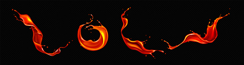 Splashes of red tomato juice, blood or lava. Vector realistic set of flying liquid ketchup, sauce, paint or molten magma waves and swirls with drops isolated on black background