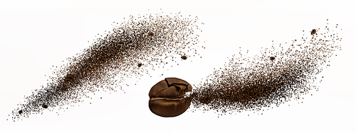 coffee explosion, realistic cracked bean and ground powder burst with brown particles splash, flying granules, design elements for beverage or cafe isolated on white , 3d vector illustration