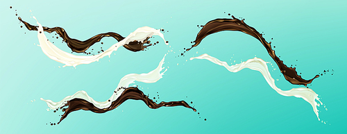 Chocolate and milk splashes, liquid cocoa and cream flow, coffee, yogurt or dairy drink product with white and brown spray droplets, dynamic motion on blue background. Realistic 3d vector Illustration