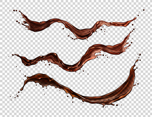 Splash of coffee, cola or tea isolated on transparent background. Vector realistic set of liquid waves of falling and flowing brown drink with drops and bubbles