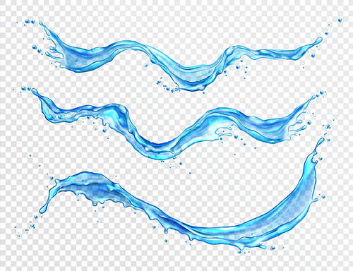 Water splash, flowing water stream with drops realistic vector illustration, isolated on . Blue transparent liquid flow wawe, clear texture, banner