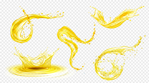 Orange, lemon juice or oil splashes, liquid yellow drink streams with drops. Fruit beverage elements for advertising or package design. Fresh splashing and flowing jets, drips realistic 3d vector set