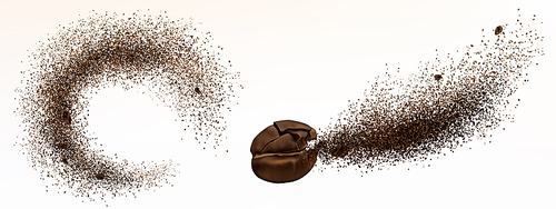 explosion of coffee bean and powder isolated on . vector realistic illustration of shredded roasted ground coffee and burst of arabica grain with splash of brown dust