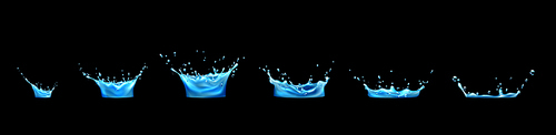 Water splash sequence animation sprite sheet for motion graphic or mobile game. Dripping effect with drops in shape of crown with liquid aqua dynamic splashing, Realistic 3d vector Illustration, set