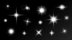 Star shine effects, flash lights with sparkles and glow rays isolated on transparent . Vector realistic set of bright glare, white flare with shiny beams