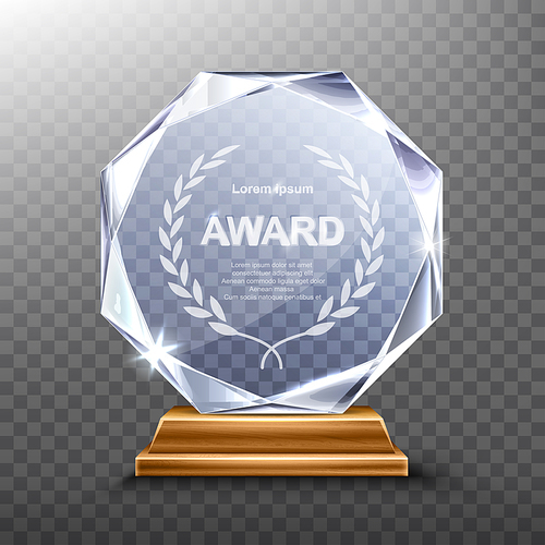 glass award trophy or winner prize realistic vector illustration. transparent crystal plate or acrylic diamond  with laurel wreath on wooden pedestal, isolared front view with light and shadow