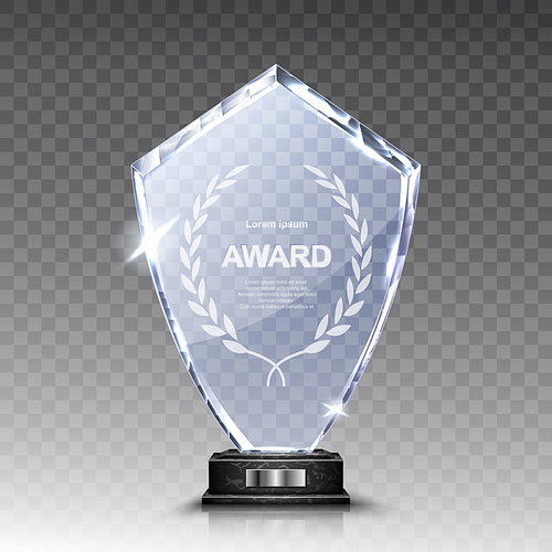 glass award trophy or winner prize realistic vector illustration. transparent crystal plate or acrylic diamond  with laurel wreath on wooden pedestal, isolared front view with light and shadow