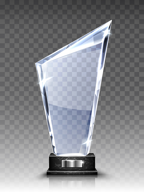 glass award trophy or winner prize realistic vector illustration. transparent crystal plate or blank acrylic  on black marble pedestal, isolared front view with light and shadow