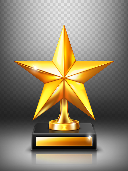 Gold trophy with star, modern winner award. Vector realistic mockup of golden prize to best film, achievement, sport victory or academy success. Yellow star statue isolated on transparent background