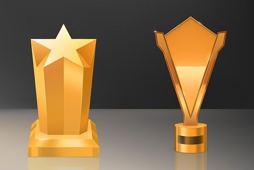 Cup, golden trophy on pedestal with nameplate. Isolated gold shiny metal goblet and star. Award prize for victory in business, sport, talent show competition, design element Realistic 3d vector mockup