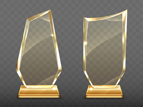 Glass trophy on gold base, transparent crystal winner award. Vector realistic blank clear acrylic prizes to best film, achievement, sport victory or academy success isolated on transparent background