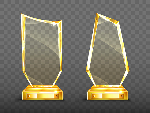 Golden award glass trophy with sparkling edges isolated on transparent background. Acrylic plexiglass shiny prize for victory in business, sport competition design element Realistic 3d vector clip art