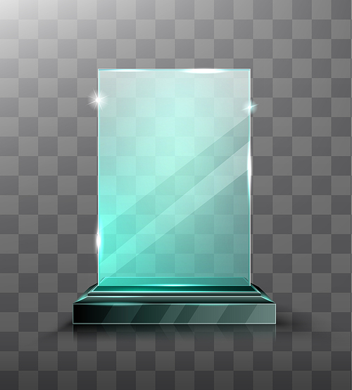 glass trophy or winner award realistic vector illustration. transparent crystal plate or blue acrylic s on black chrome metal pedestal, isolared front view with light and shadow