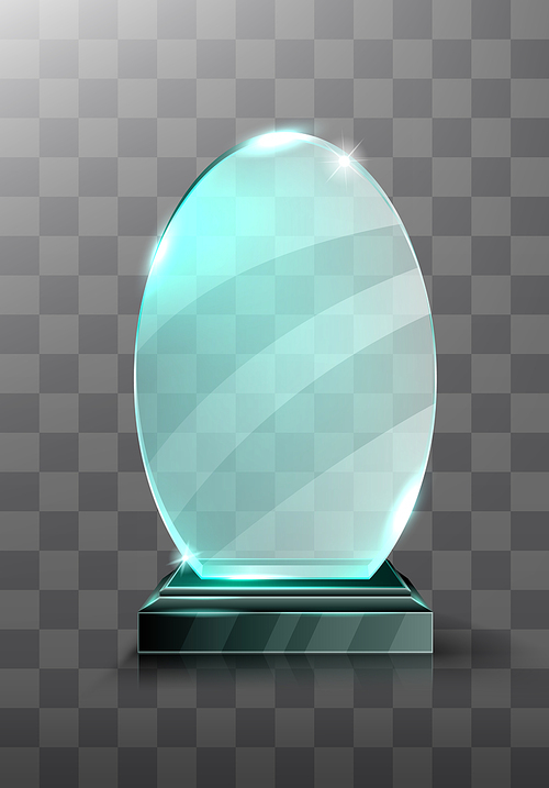 glass trophy or winner award realistic vector illustration. transparent crystal plate or blue acrylic s on black chrome metal pedestal, isolared front view with light and shadow