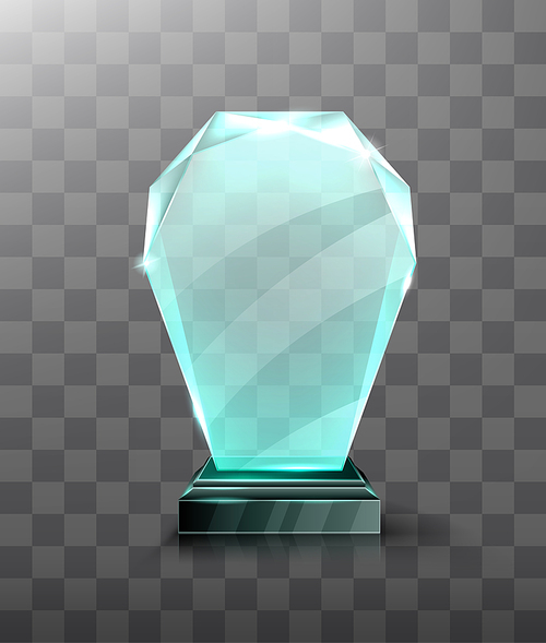 glass trophy or winner award realistic vector illustration. transparent crystal plate or blue acrylic s on black chrome metal pedestal, isolared front view with light and shadow