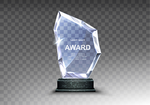 glass award trophy or winner prize realistic vector illustration. transparent crystal plate or acrylic diamond  on black marble pedestal, isolared front view with light and shadow