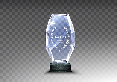 glass award trophy or winner prize realistic vector illustration. transparent crystal plate or acrylic diamond  with laurel wreath on black marble pedestal, isolared front view with light shadow