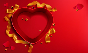 Heart shaped open gift box, red empty present package with golden satin ribbons and pearls, realistic vector illustration top view isolated on scarlet background, valentines day sale, love celebration