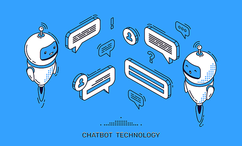 Chatbot technology isometric banner. Ai robot customer support, help and online consultation. Future marketing innovation, artificial intelligence digital advisor, 3d vector illustration, line art