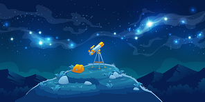 Telescope for science discovery, study astronomy, watching stars and planets in outer space. Vector cartoon landscape with telescope with tripod and backpack on hill, mountains and night starry sky