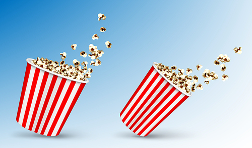Pop corn flying out of carton disposable striped package, popcorn fast food snack in motion in red and white wide and narrow containers on abstract blue background. Realistic 3d vector illustration