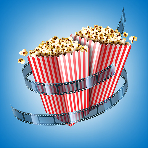 Movie theater flyer with film strip and popcorn in striped paper boxes. Vector realistic illustration of white and red buckets with pop corn and cinema tape on blue background