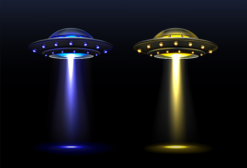 3d UFO, vector alien space ships with light beam of blue and yellow colors. Saucers with bright illumination and vertical ray for abduction, unidentified flying objects, Realistic vector illustration